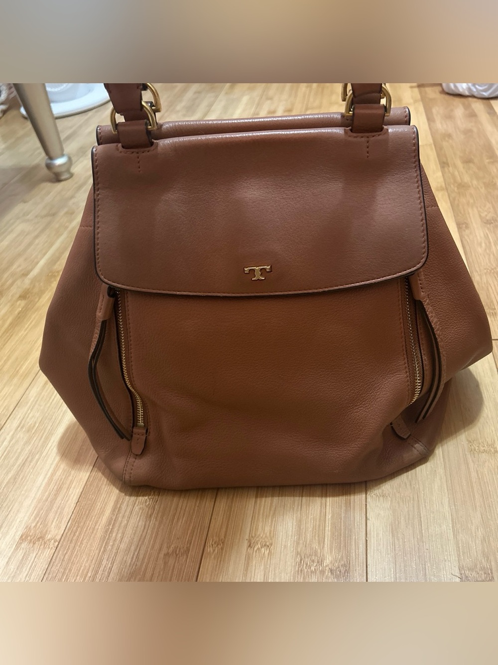 Tory Burch half moon Cognac Leather Double-Handle Shoulder Bag - Picture 4 of 11